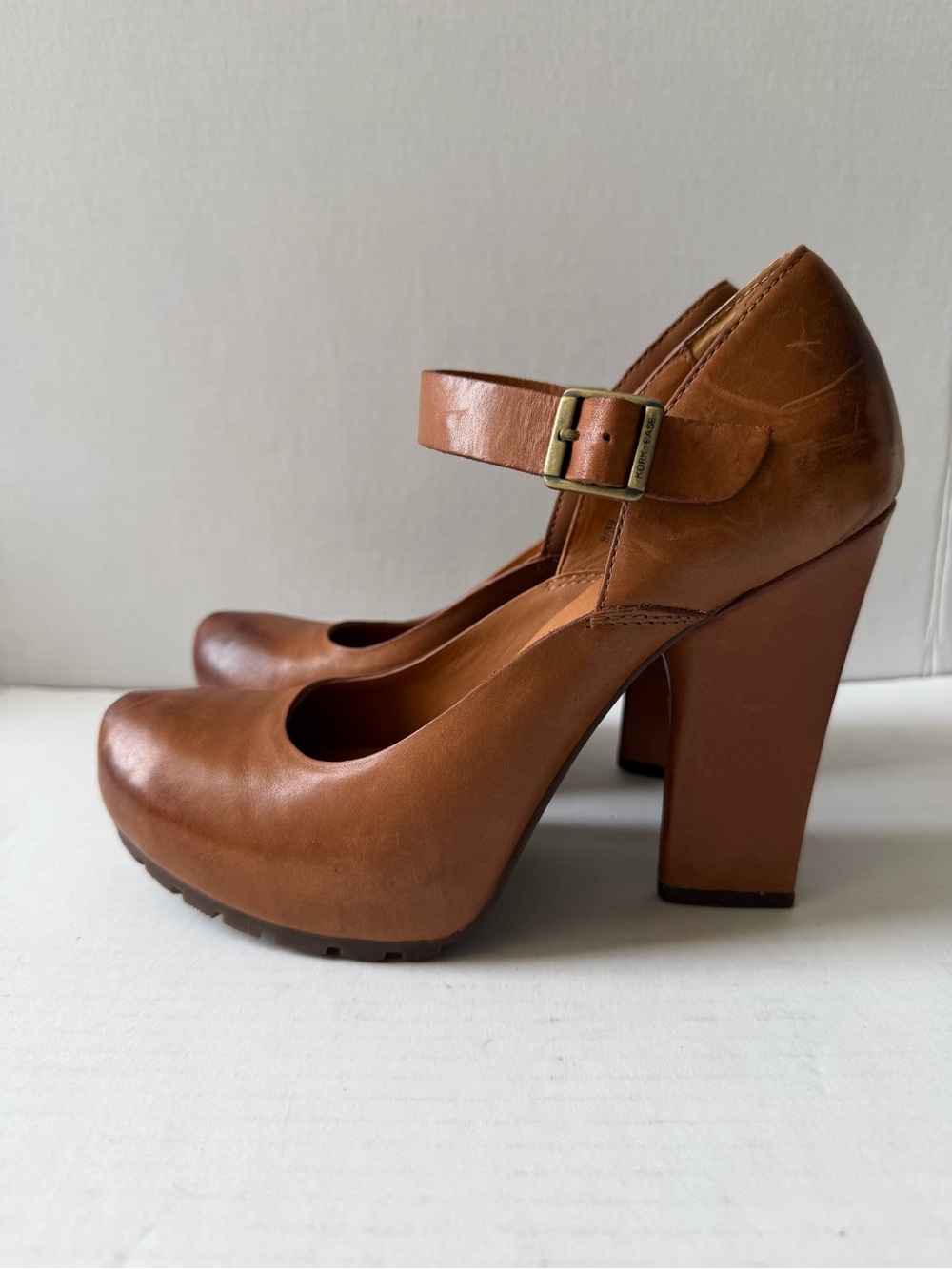 Kork-Ease Brown Leather Mary Jane Block Heel Pumps with Ankle Strap